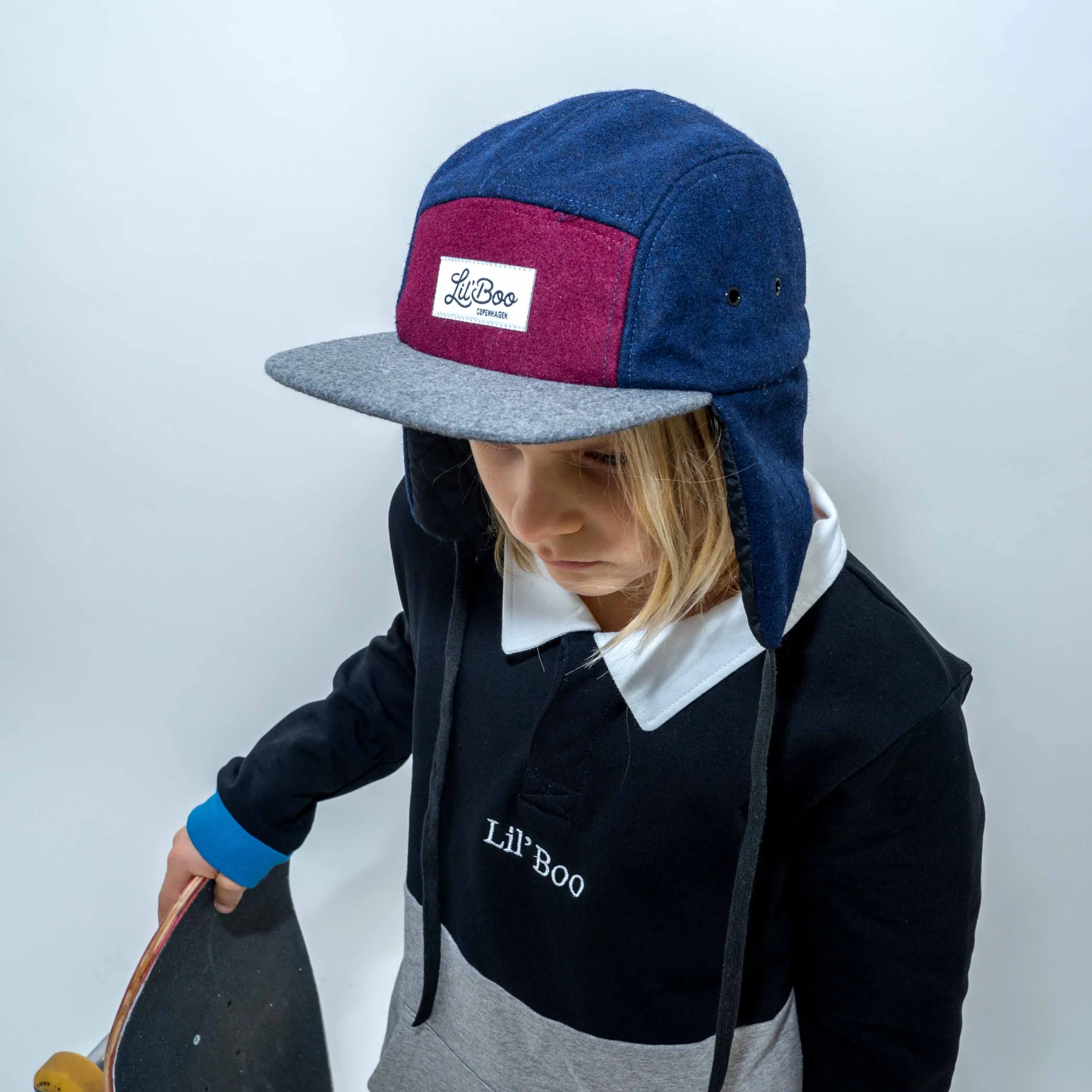 Lil' Boo Wool Block 5 Panel W. Ears - Burgundy/Grey/Navy< Beanies | Warm Caps, Bucket Hats And Sherpas